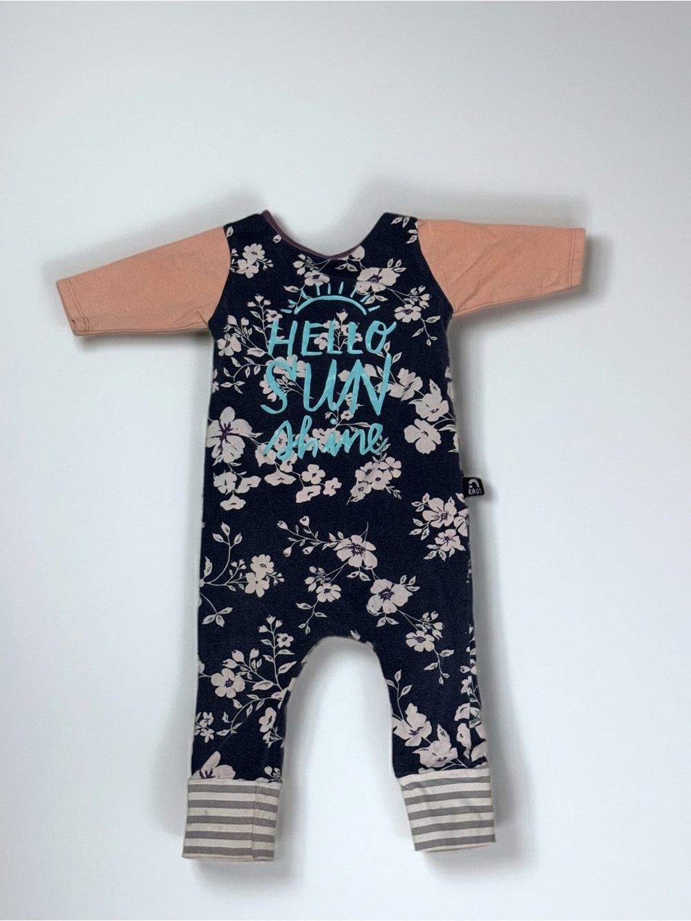 Navy Floral Baby Rags Romper with Peach Sleeves - "Hello Sun"